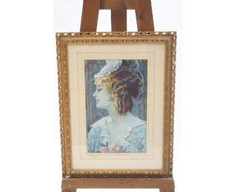 20th century, Portrait of a young lady with pink roses, gouache, 42cm x 26cm