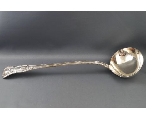 A Victorian silver Kings pattern soup ladle, by Mary Chawner, engraved with a demi lion rampant crest, London 1839, 271 grams