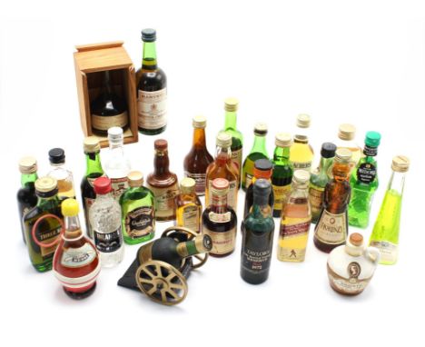 A quantity of miniatures including ; Armagnac de Montal, Three Barrels brandy, Teachers Scotch whisky, Taylors 1972 reserve p