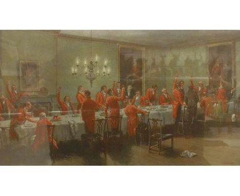 AFTER GOODWIN KILBURN "Hunt Dinner 1909", coloured print, signed lower left, the gilt mount inscribed " Sume superbiam..."