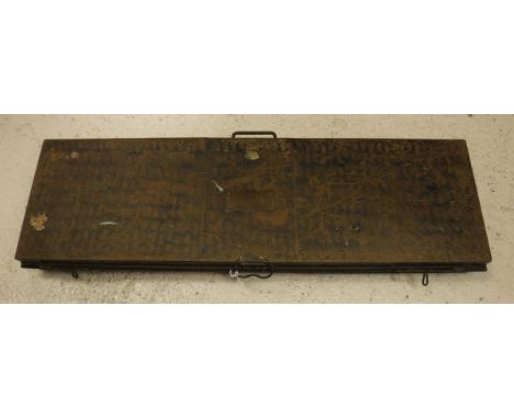 A Victorian painted tin travel case bearing brass plaques inscribed "H Poole & Co. Army & Navy Tailors 36, 37, 38 and 39 Savi
