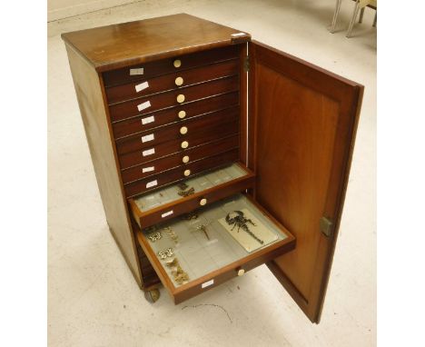 A 19th Century mahogany collector's cabinet, the cupboard doors enclosing fifteen shelves with turned bone handles and conten