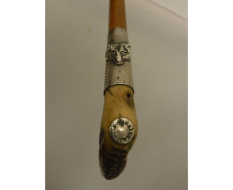 A ladies riding crop, the antler handle bearing "Swaine & Co. London" button with plated ferrule depicting fox mask and inscr