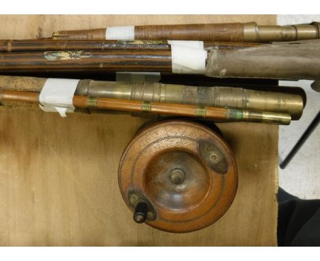 An Allcocks "Colonel" two piece split cane trout fly rod, an Ogden Scott of Cheltenham two piece split cane rod (tip missing)