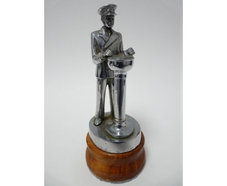 VINTAGE CAR MASCOT-SHIPS PILOT chrome plated standing figure at a compass, circa 1930s, 14cms H.