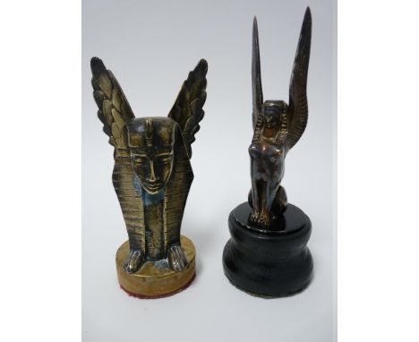 VINTAGE CAR MASCOTS X 2 - SEATED WINGED SPHINX French example circa 1925, unknown maker, 14cms H, stylized form, and FULL BOD