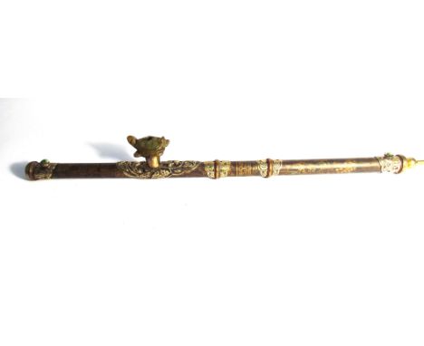 A 19th century Chinese decorative opium pipe, the body decorated with character marks and figures, pierced metal mounts and m
