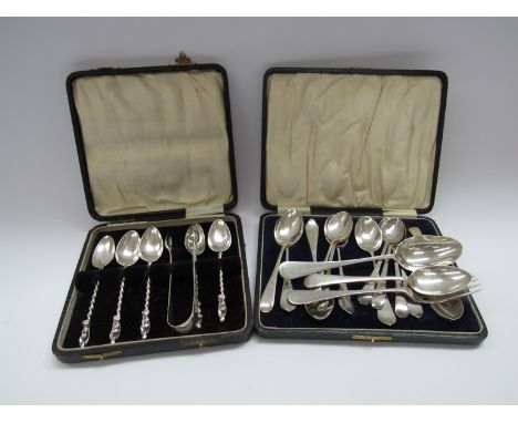 Various silver teaspoons including a part set of apostle spoons and tongs and a silver child's fork, 250g