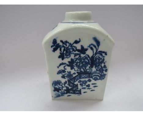 A Lowestoft porcelain blue and white "Zig-zag Fence" pattern tea caddy of vertical rectangular section with sloping shoulders