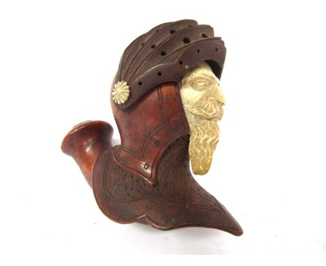 A carved wood figural smoking pipe with meerschaum bearded face