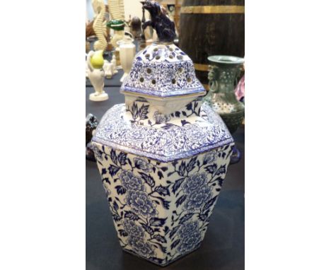 Hexagonal oriental blue and white jar, with inner lid and pierced outer lid, H: 40 cm 