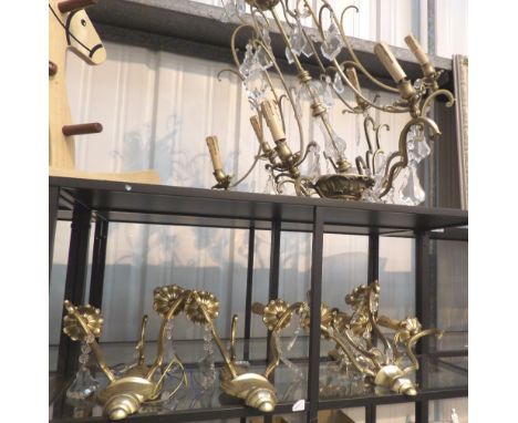 Large brass chandelier with crystal droplets and three matching twin wall lights 