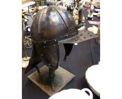 Cromwellian style helmet / civil war re-enactment helmet, large size, no liner, on a stand 