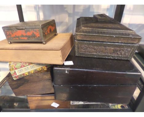 Selection of vintage boxes including tea caddy, writing slope, advertising tins etc 