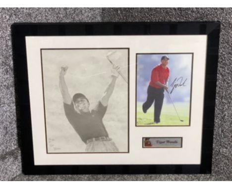 Framed golf photo-Montage comprising of A Tiger Woods photograph signed by the man himself Together with a signed print signe