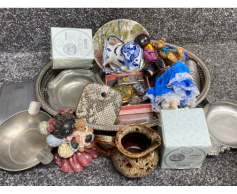 Silver plated tray containing vintage zippo lighter, pewter ashtrays, honeycomb small jug etc