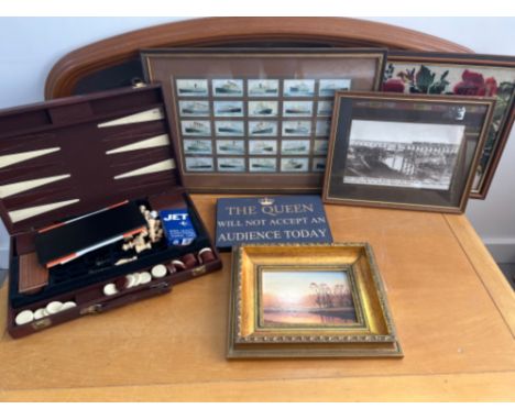 Wills cigarette cards, backgammon and framed pictures