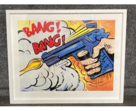 A limited edition signed screen print by Dave White (b1971) “Bang Bang” decorated with applied diamond dust, no 50/50  93 x 1