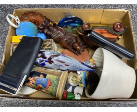 Tray of miscellaneous including hand carved Chinese music player, old calculators, display knife &amp; sheath, old jelly moul