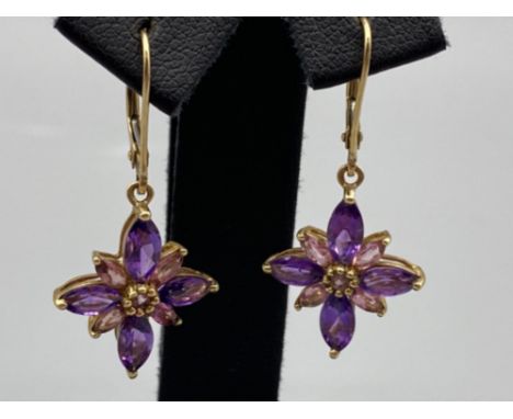 Ladies 9ct yellow gold Amethyste and light pink stone set drop earrings, 2.6grm