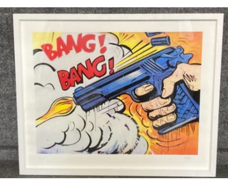 A limited edition signed screen print by Dave White (b1971) “Bang Bang” decorated with applied diamond dust, dated 2008 no 1/