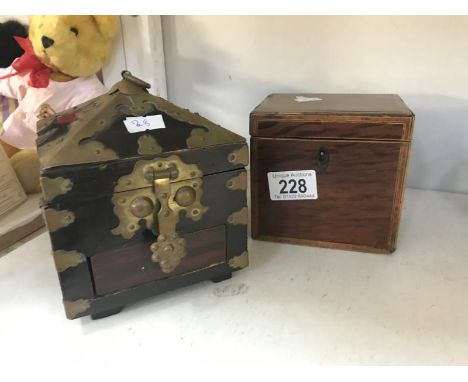 A brass bound casket and a small mahogany tea caddy