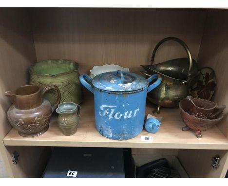 A quantity of items including brass coal scuttle, stoneware jugs, enamel flour tin and scoop etc.