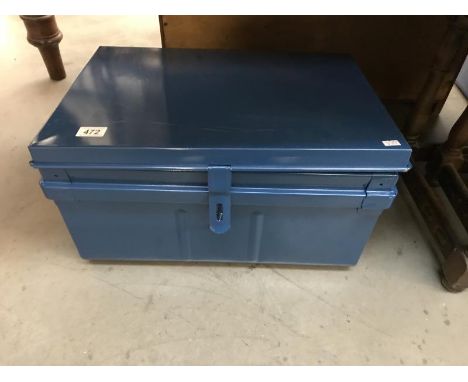 A blue painted tin box/trunk