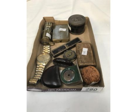 A mixed lot including a sunwatch, a mini miners lamp, a small box depicting Charles Fox, carved walnut, snuff box etc.