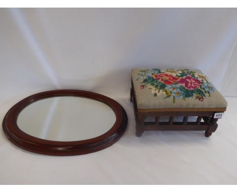 Galleried mahogany tapestry seated footstool and mahogany frame mirror (2)