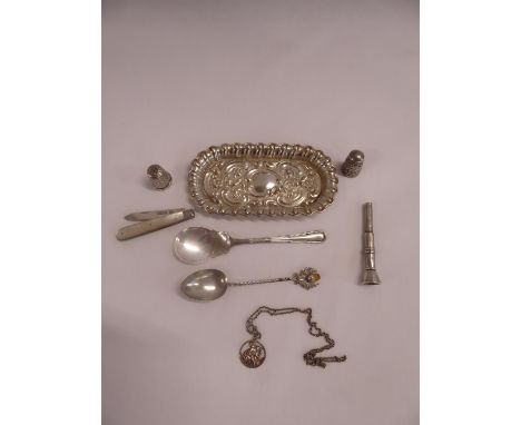 St Christopher, silver thimbles,silver and mother of pearl fruit knife Sheffield 1894, silver thistle spoon B'ham 1900 etc.