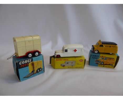 Corgi Bedford AA service van 408, Rices pony trailer 102, Dinky Daimler ambulance 253 (3)