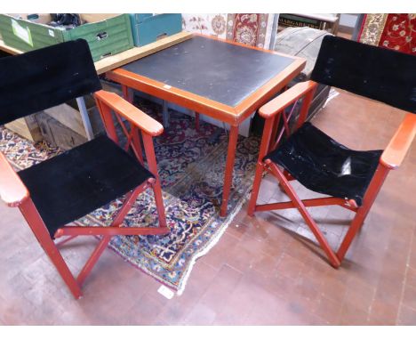 Early 20thC red lacquered card table and pair folding velvet seated directors chairs - Ferguson Hoboken, New Jersey c1929