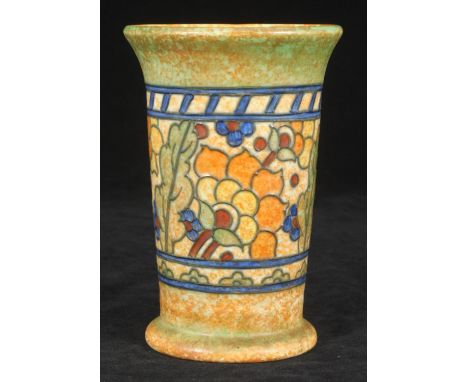 A Charlotte Rhead for Crown Ducal pottery vase with flared rim and tapered foot-rim, the sides decorated with a continuous ba