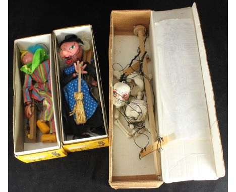 Two boxed Pelham puppets Clown &amp; Witch together with a boxed skeleton puppet (3) 