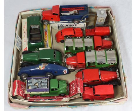 A Chad Valley milk float with eight churns, key and original box, together with a Tri-ang Minic Vauxhall Town Coupe, Minic De