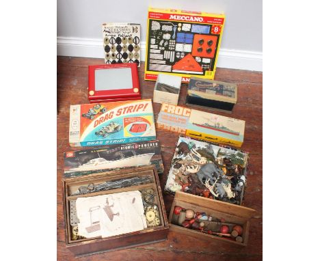 A wooden box containing five layers of Meccano parts and tools, a modern box of Meccano, two Etch a Sketch, Construments, Fro