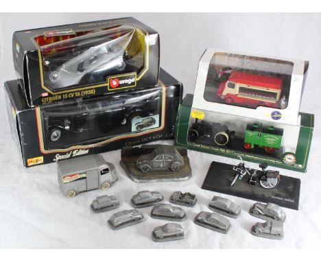 A collection of 7 assorted boxed and loose scale model vehicles including a Maisto Citroen 15CV 1:18, a Burago Citroen 15 CVT