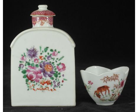 An 18th century Chinese Famille Rose porcelain tea canister, of rectangular section with arched shoulders, decorated with flo