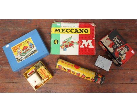 A Meccano No4 set, together with a Bayko Building Set, tube of Minibrix, Junior phone set, Toy Hoover Iron and a top-loader c