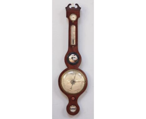 A late 19th century mercury wheel barometer by Bass of Northampton, with barometer, convex mirror, spirit level, thermometer 