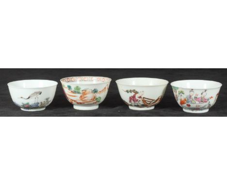 A mid-18th century Chinese polychrome porcelain tea bowl finely decorated with cranes flowering rock-work garden, together wi