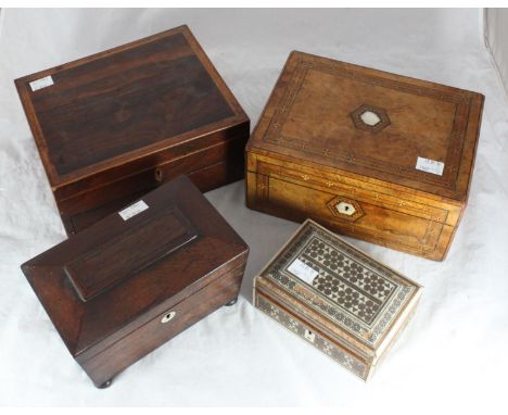 A 19th century mahogany sarcophagus tea caddy, together with a 19th C. walnut and parquetry workbox, rosewood workbox and 'Da