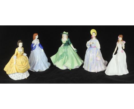 Three various Royal Worcester ceramic figures of ladies, including 'July', 'Holly' and 'The Bride', together with two Royal D