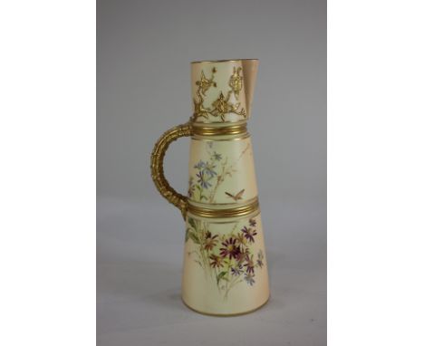 A Royal Worcester porcelain blush ivory jug/vase with hand painted floral design, initialled AR, with gilt embellishment, 23c