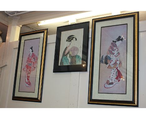 A Japanese woodblock print of a woman with fan, 36cm by 25.5cm, together with a pair of prints of Japanese geishas, 60cm by 2