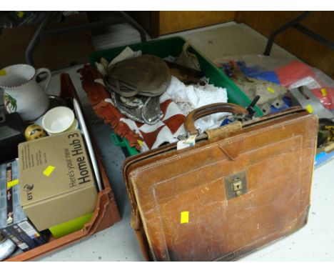 Vintage brown leather briefcase, evening & handbags together with various table linen