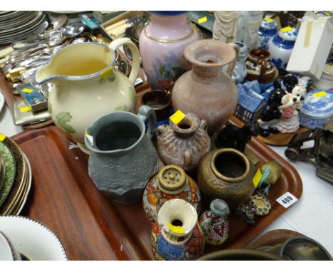A large Poole cherry decorated jug, vases etc