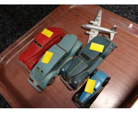 Two vintage Diecast cars, painted wooden cars & a metal airplane