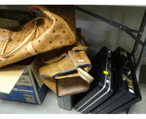 Three vintage briefcases, drill & socket set, two holdalls